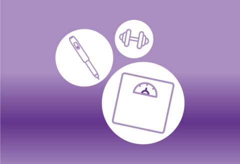 Icons of the weight Loss Injection, bathroom scales, and weights