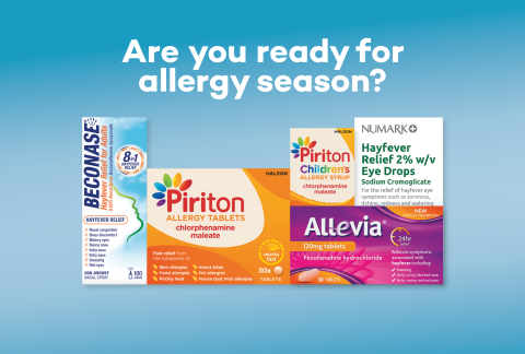 are you ready for allergy season? product images for allergy category including beconase, piriton, allevia and numark