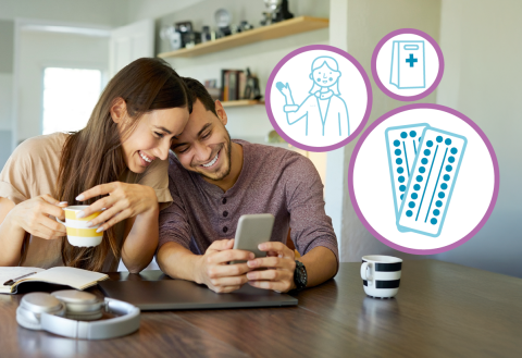 A young couple looking at a phone and some icons of a pharmacist, contraception pills and a prescription bag