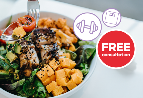 a bowl of healthy food. Receive a free weight management consultation