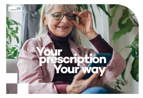 Senior woman on her phone. Wording says "Your prescription, your way."
