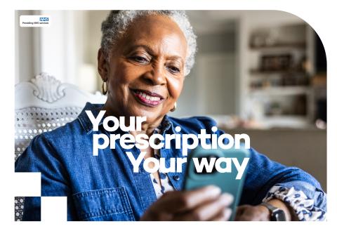 Senior woman looking at her phone. Text says "Your prescription, your way."