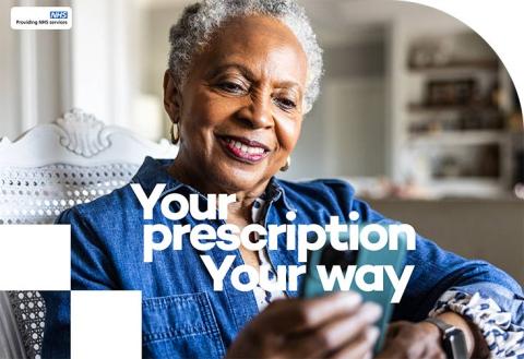 Senior woman on her phone. Wording says "Your prescription, your way."